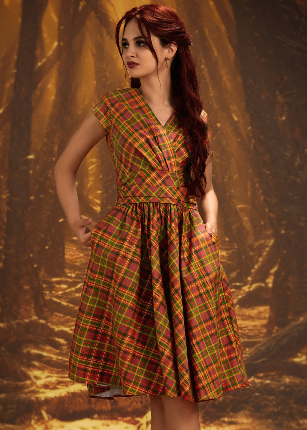 Greta Surplice Dress in Orange Plaid
