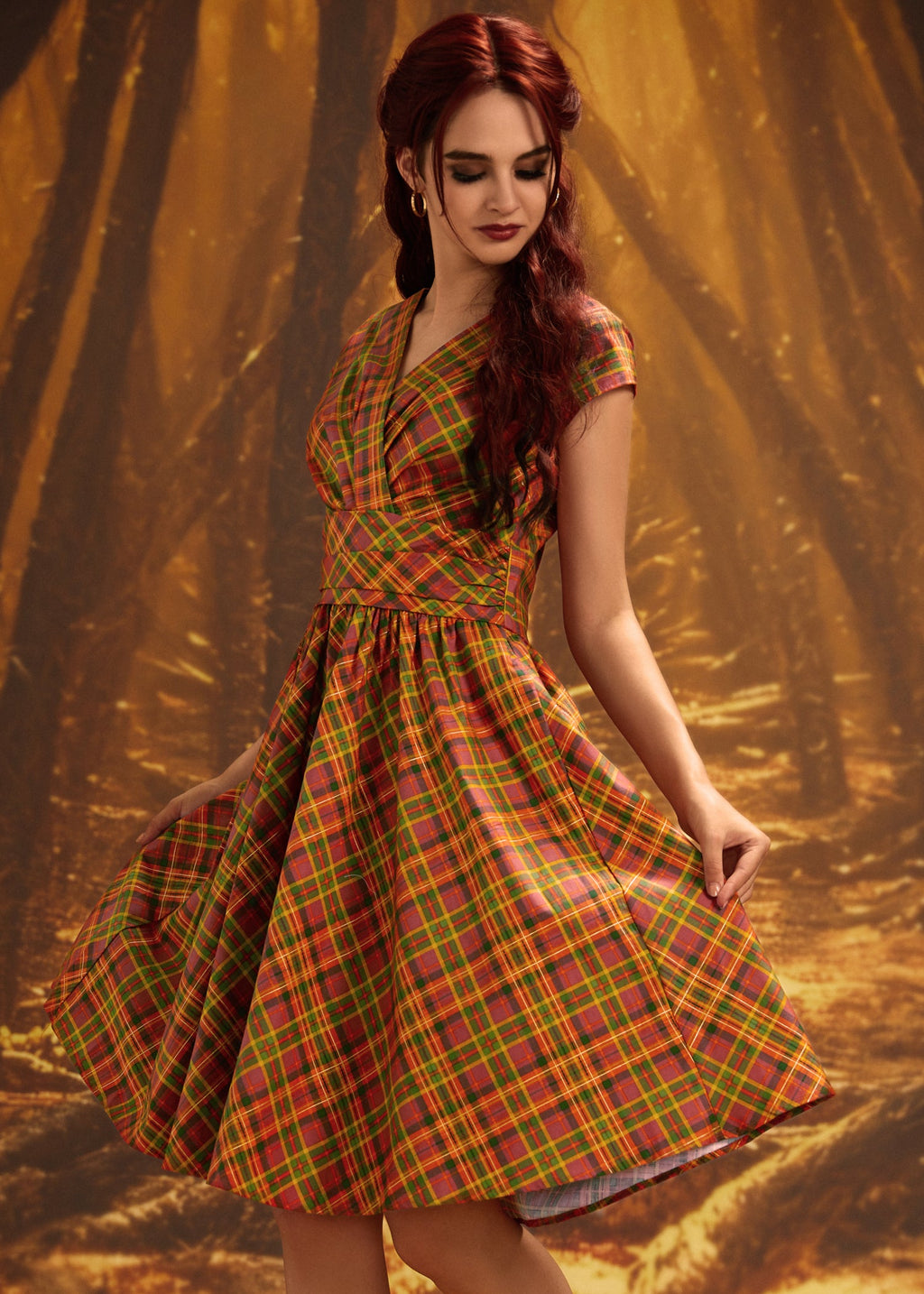 Greta Surplice Dress in Orange Plaid