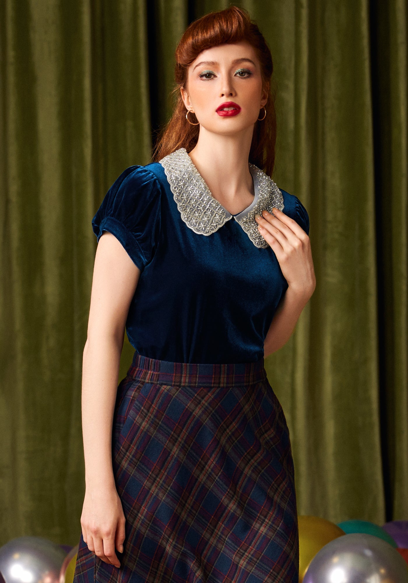 Diner Delight Peter Pan Collar Velvet Top
