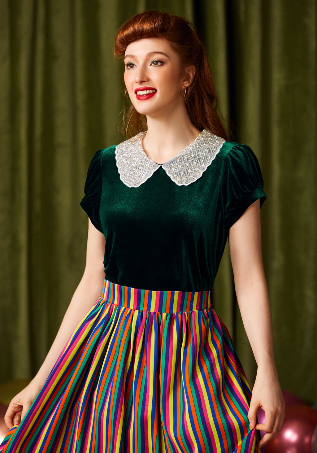 Diner Delight Peter Pan Collar Velvet Top