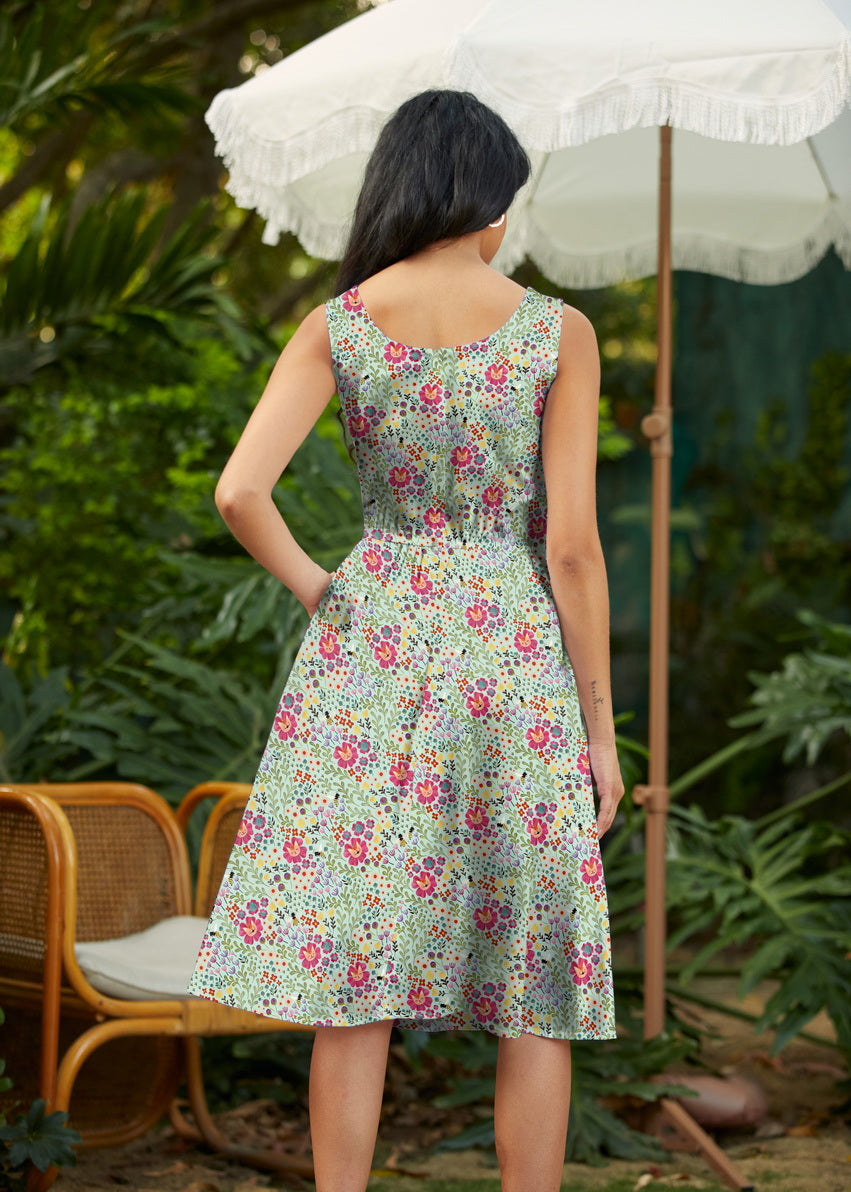 Retro Fit & Flare Dress Floral Cats
