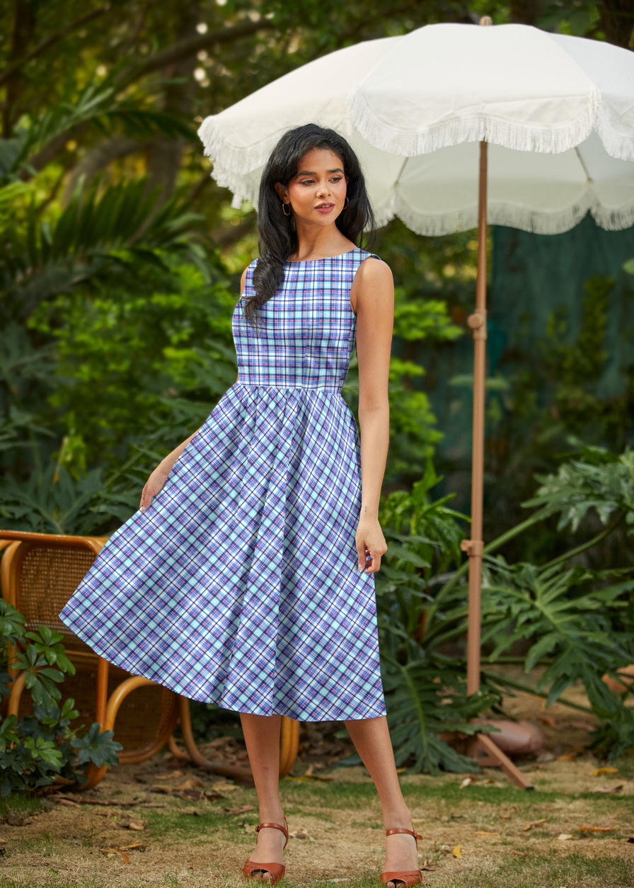 50s Style Cotton Midi Swing Dress - Plaid Blue