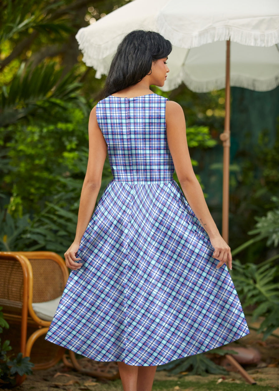 50s Style Cotton Midi Swing Dress - Plaid Blue