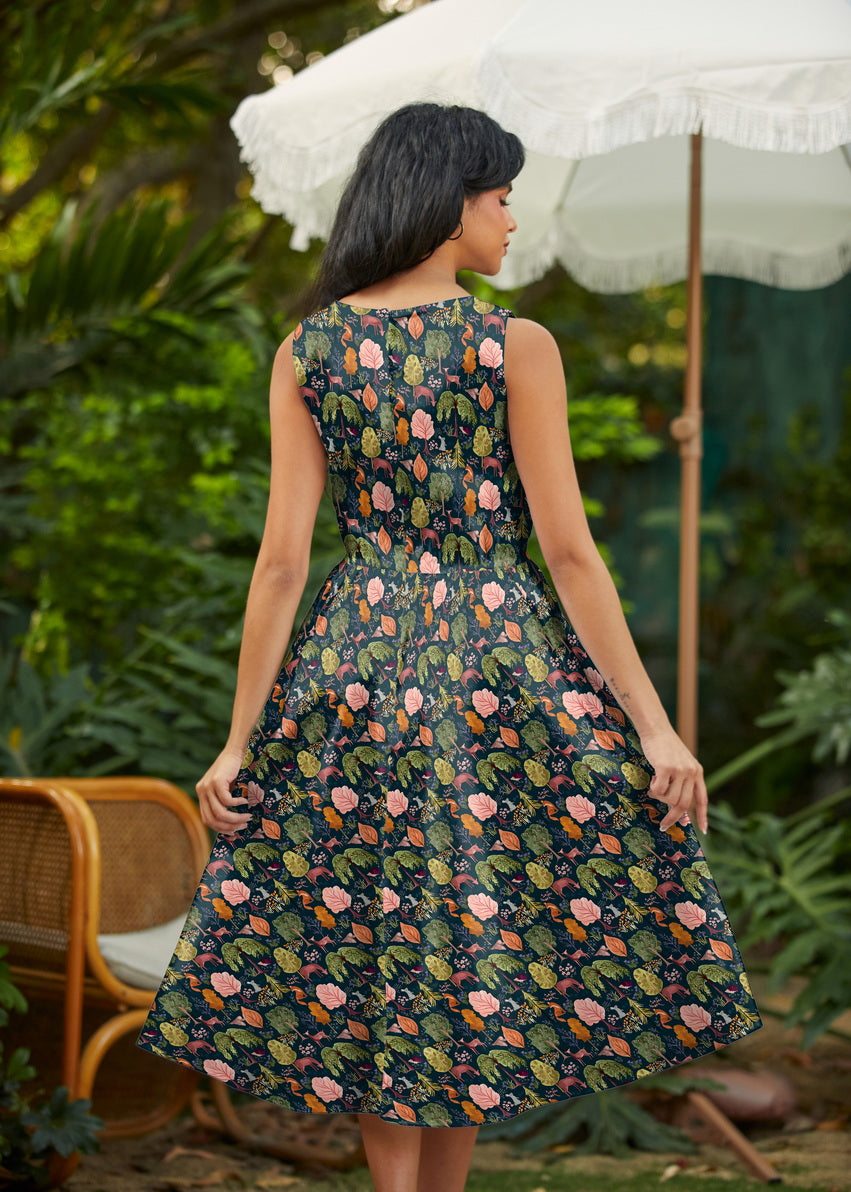 Vintage Style Midi Dress Woodland Navy