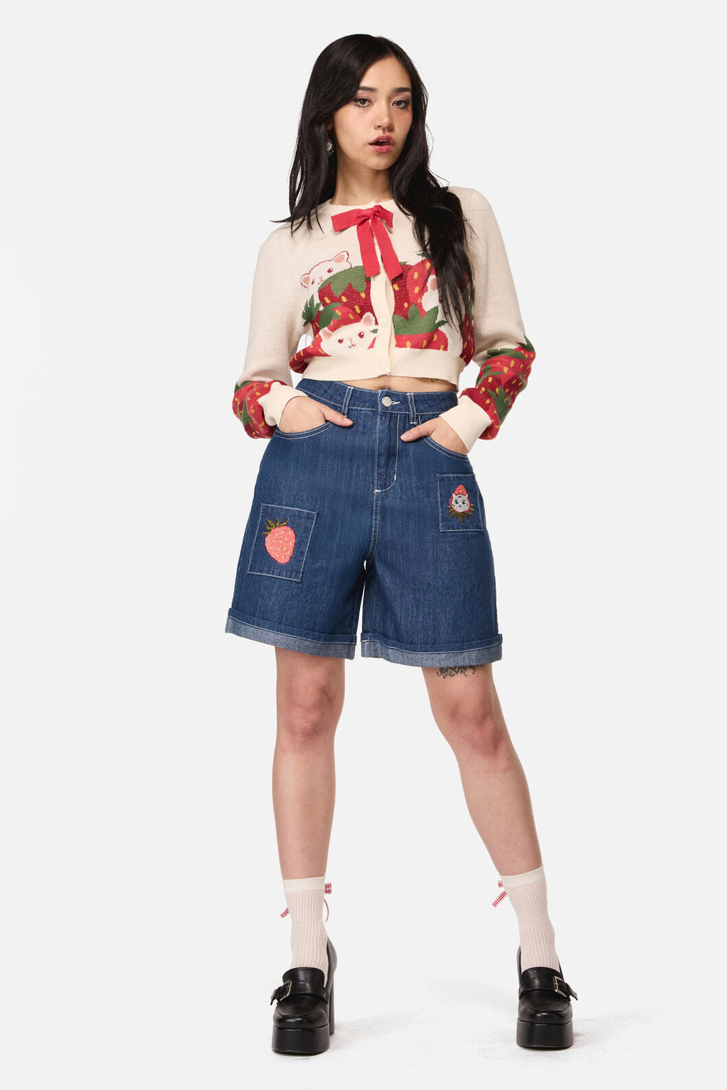 Strawberry Cat Embroidered Shorts