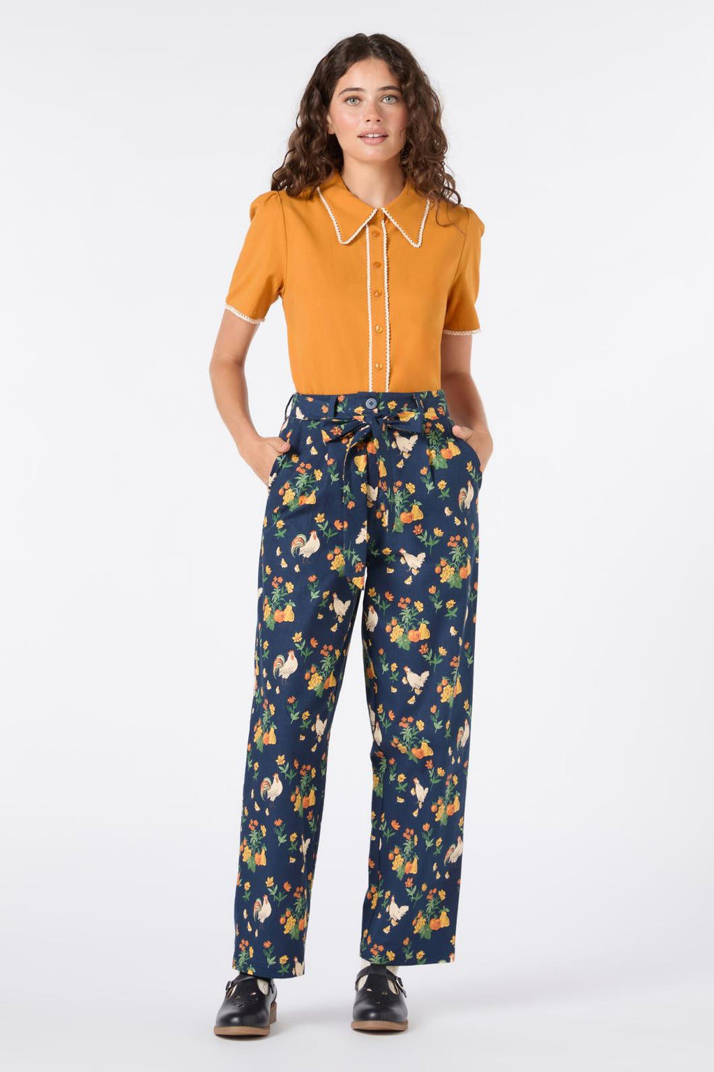 Chickens Print Tapered Cotton Pants